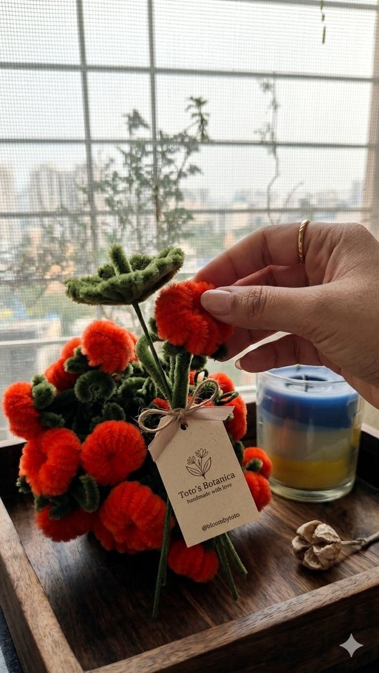 A potted cluster of bright orange crochet marigold pom-poms.