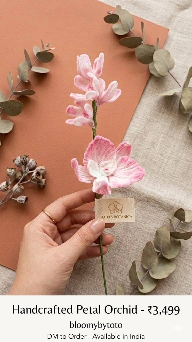 A hand holding a crochet bouquet of pink lilies and blue blooms with a Toto's Botanica tag.